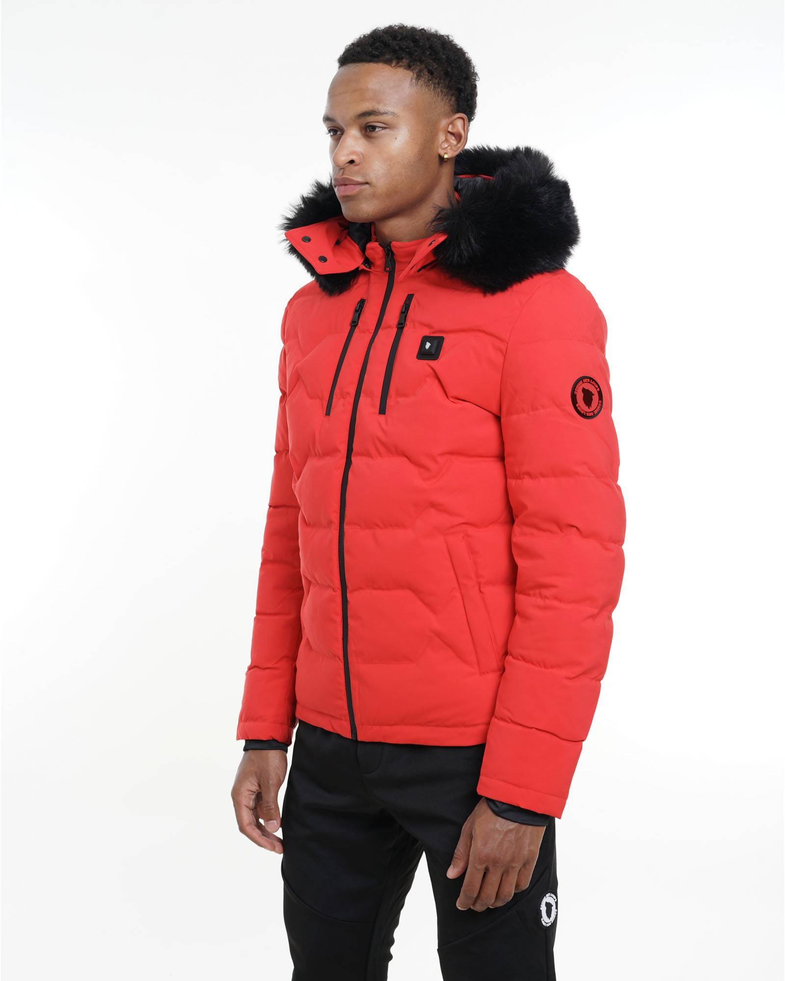 Doudoune Chauffante Capuche Fourrure Noir VAL D'ISÈRE Rouge
